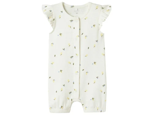 Hvid sommerheldragt med print af blå og gule blomster og flæseærme fra Name It 13241191 cloud dancer